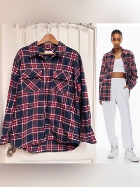 TNA Blue and Red Plaid Oversized Cotton Flannel Button Up. Size M